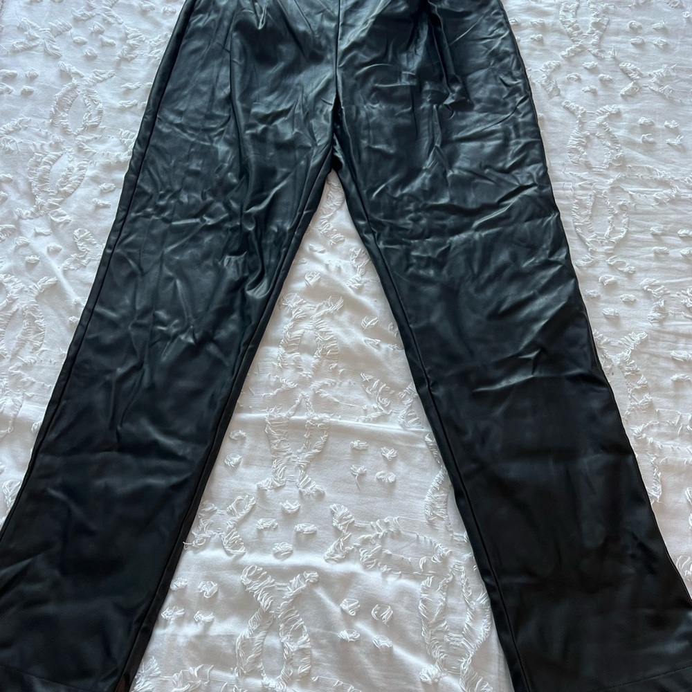 black pleated leather pants